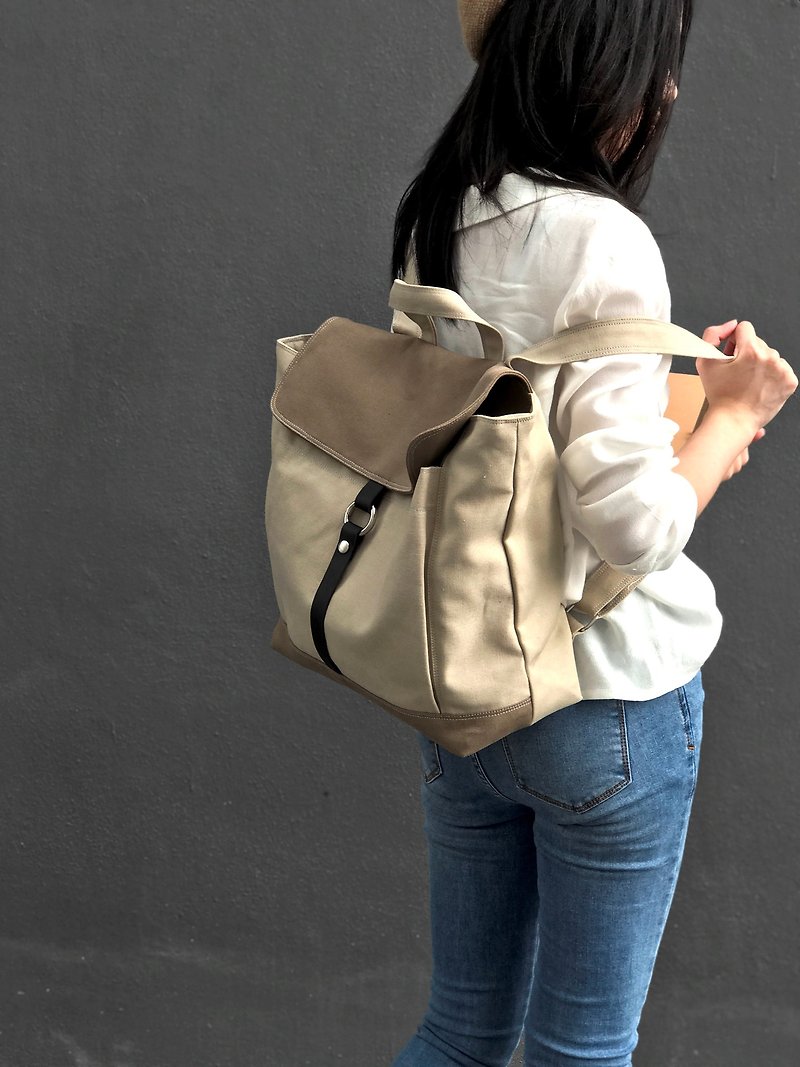 Canvas leather backpack , laptop school backpack - Tanya in two tone (no 102) - กระเป๋าเป้สะพายหลัง - ผ้าฝ้าย/ผ้าลินิน 