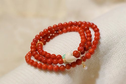 Sri Yantra 南紅 原創天然川料南紅多圈手鏈搭配猛獁愛心翡翠珍珠文玩手鏈