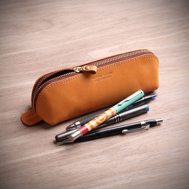 [NS handmade leather goods] handmade genuine leather zipper pencil case, pencil case, cosmetic bag (free printing) - กล่องดินสอ/ถุงดินสอ - หนังแท้ 