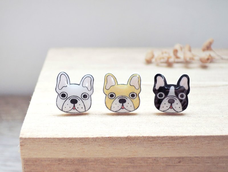 Fadou family handmade earrings French fighting dog anti-allergic ear acupuncture painless Clip-On - ต่างหู - เรซิน หลากหลายสี