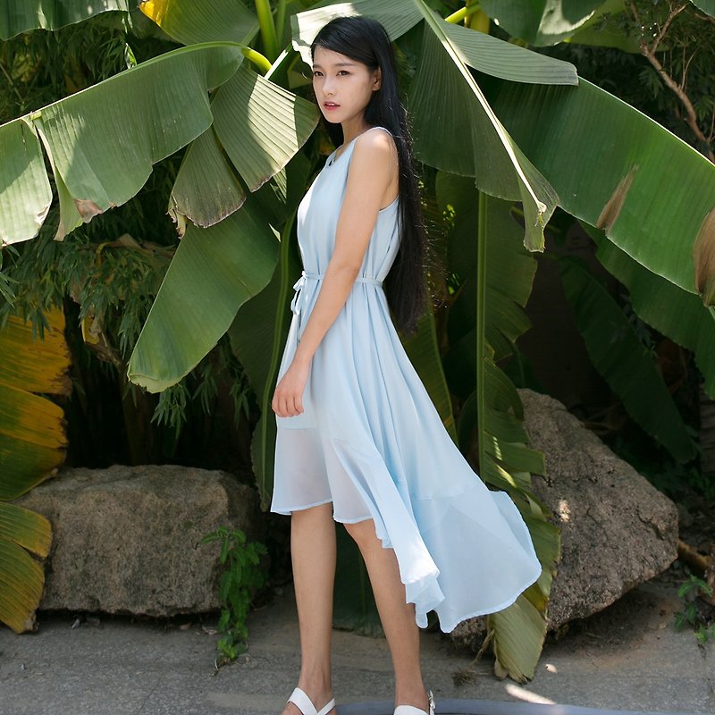 Annie Chen spray original design 2016 summer new solid color excellent chiffon dresses elegant hem dress fight - One Piece Dresses - Cotton & Hemp Blue