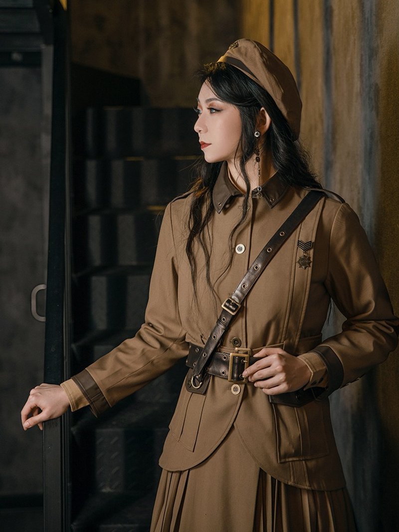 蒸汽朋克 單排扣 長袖修身 紐扣 卡其色 中長女款西服 外套制服 - 女西裝外套 - 其他人造纖維 卡其色