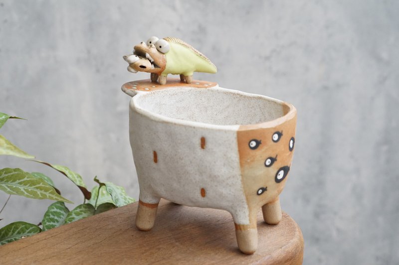 Plant pot with a crocodile ,lithops,cactus,ceramics,pottery,handmade - 花瓶/花器 - 陶 白色