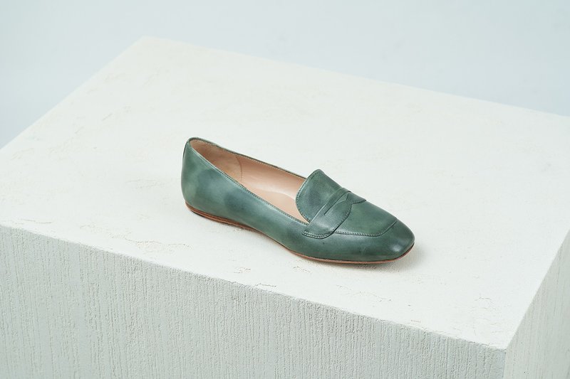 HTHREE Penny Loafer Flats/Green Grey/GreenGrey/PennyLoafer BalletFlats - รองเท้าบัลเลต์ - หนังแท้ สีเขียว