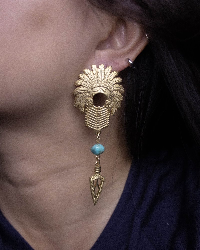 American Jonette Jewelry brand antique Indian headdress style imitation Turkish Stone earrings - ต่างหู - โลหะ สีทอง