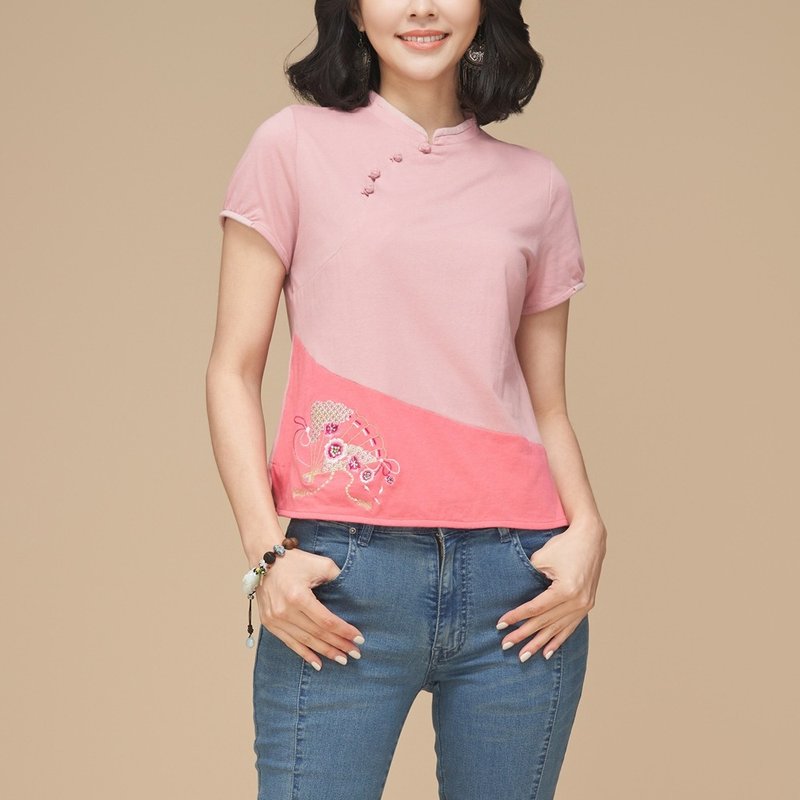 古典美 立領配色顯瘦T桖【53001】 - 女 T 恤 - 棉．麻 粉紅色