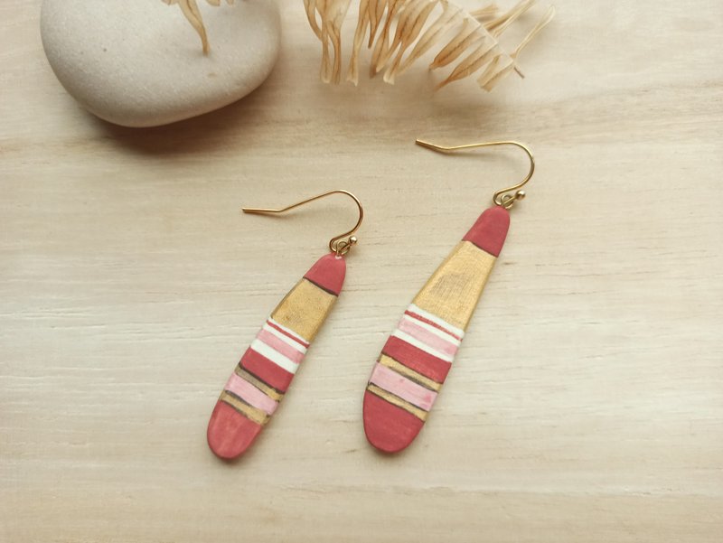 Handmade red gold striped perfume essential oil diffused pottery earrings - ต่างหู - ดินเผา หลากหลายสี