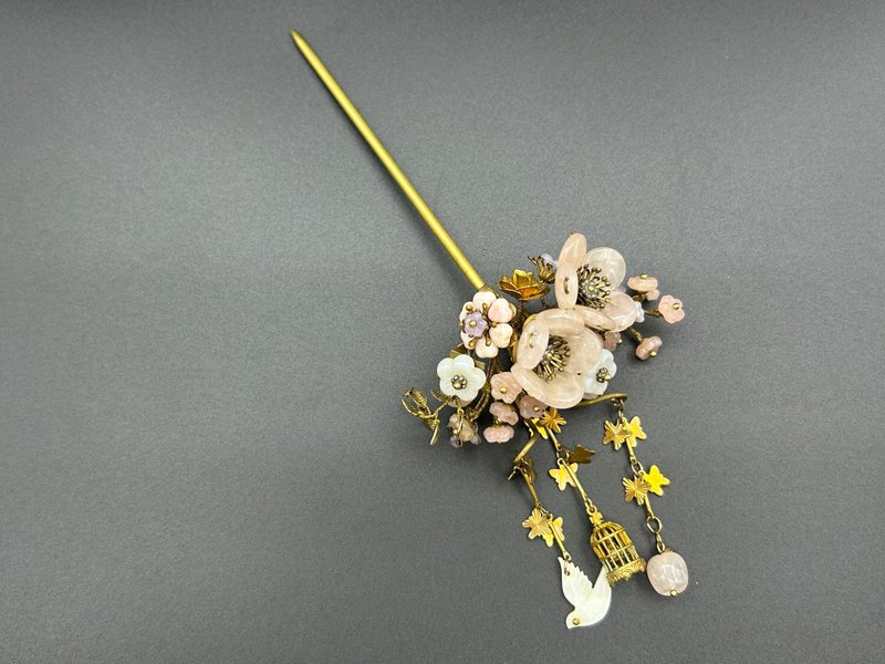 穿花飛鳥  玉石花髮簪 - 髮夾/髮圈 - 銅/黃銅 粉紅色