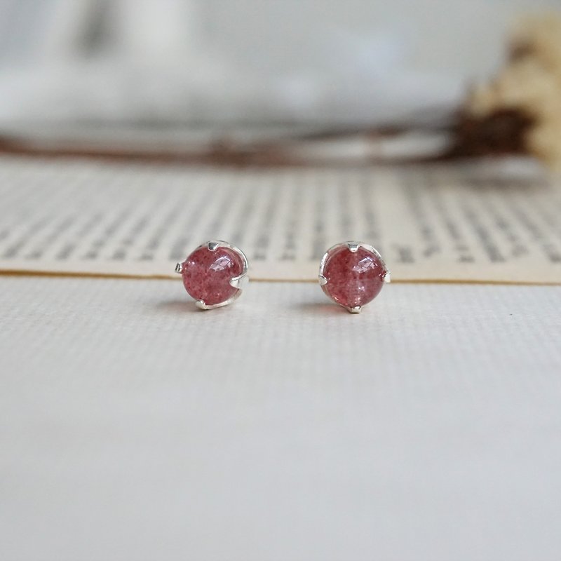 ll 6mm strawberry crystal sterling silver earrings ll 925 sterling silver on-ear ear pins - one pair with white ear plugs - Earrings & Clip-ons - Semi-Precious Stones Pink