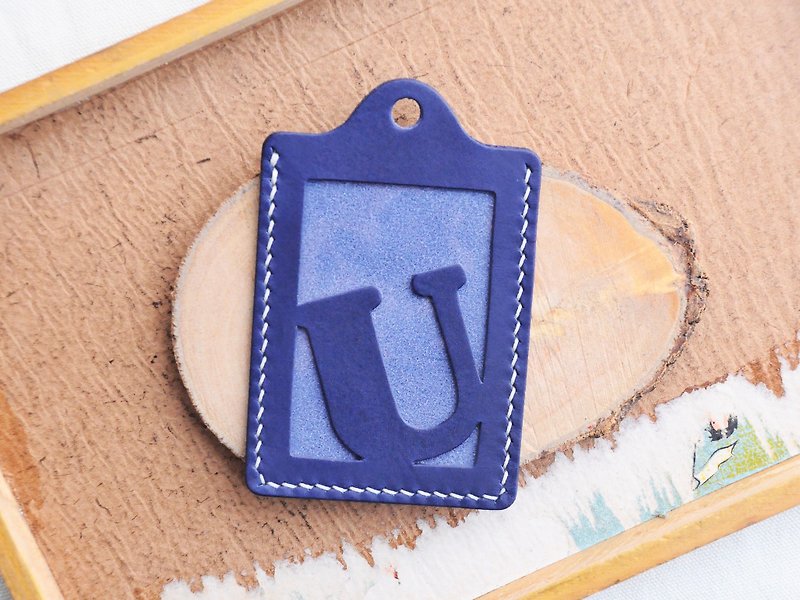 The initial U letter ID cover is well-stitched, leather material bag, card holder, business card holder, free engraving - ID & Badge Holders - Genuine Leather Blue