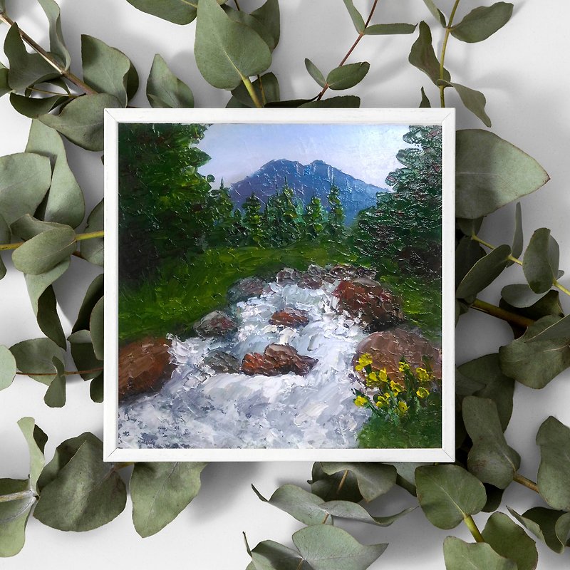 Alaska painting mountains original oil painting mountain river flowing water - Wall Décor - Wool Green
