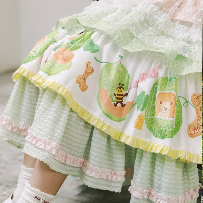 Meugler Niu Chou Island Niu Chou Dental Melon Pattern Green Dessert Open-Card Lolita Cake Skirt - Skirts - Other Materials Multicolor