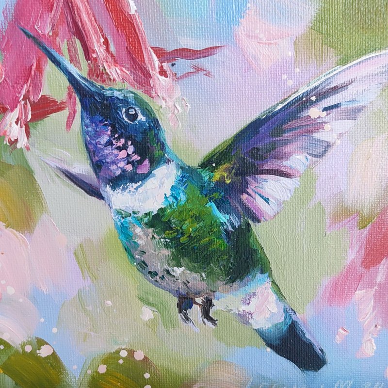 Hummingbird Oil Painting Bird Small Art Bird Artwork Flower Painting Bird Art - Wall Décor - Other Materials Blue