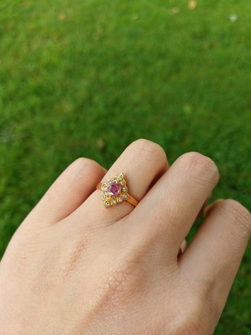 Vintage Gold Plated Ring with Violet Glass and Cubic Zirconia - General Rings - Other Metals Purple