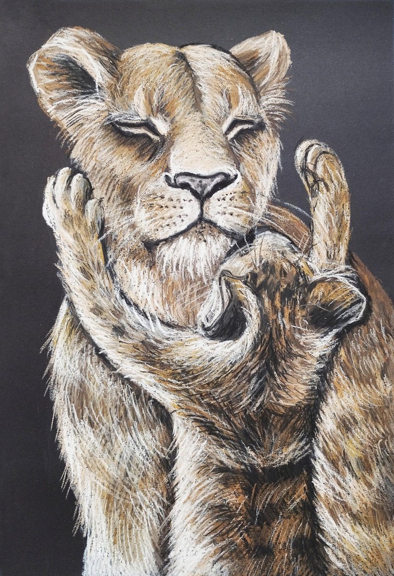 紙 壁貼/牆壁裝飾 咖啡色 - Drawing Mom's hugs Lioness Cubs Pastel Portrait animal art