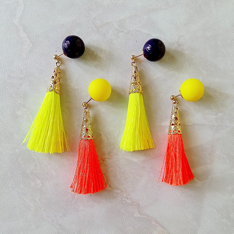 :: :: series of brilliant joy tassel tassel double-sided hit color simple earring / :: Jolly Tassel Collection :: Gold Plated Tassel Earrings with Round Ball Ear Stud Double Sided Earrings Jacket - Earrings & Clip-ons - Other Materials Yellow