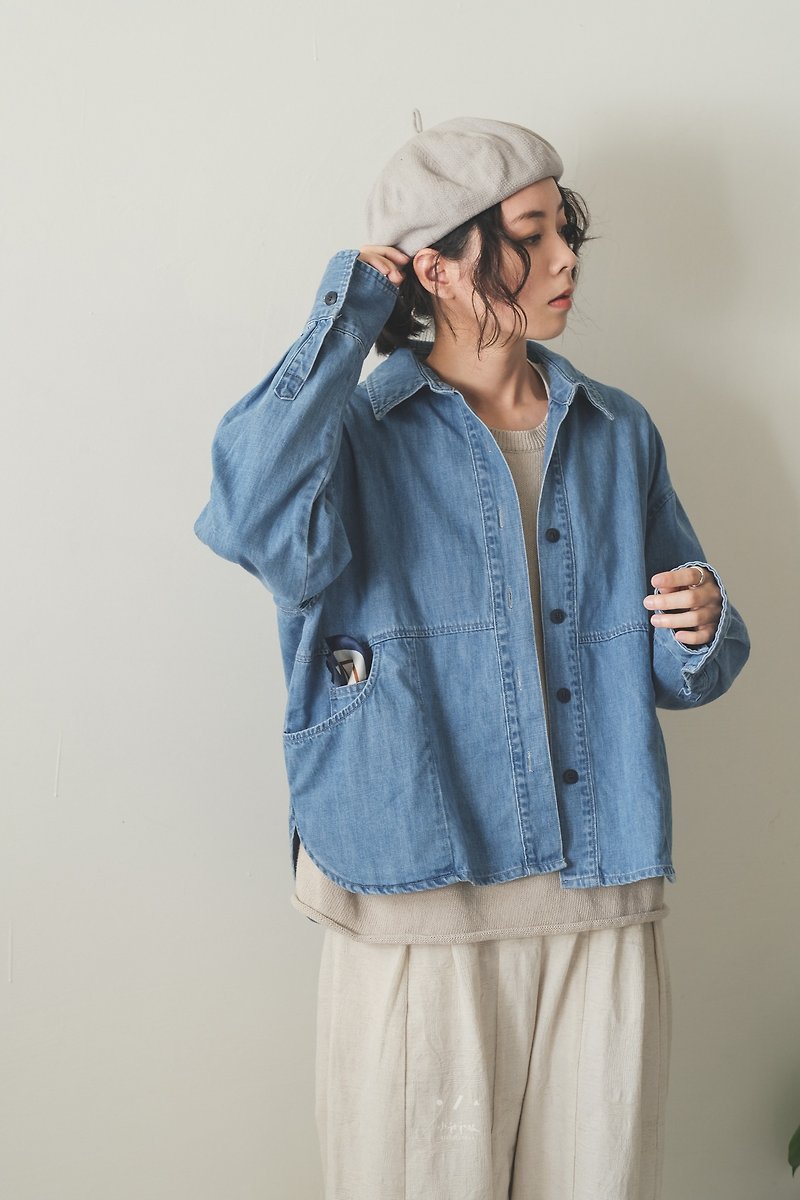 Small Plan Thong Denim Shirt Jacket - เสื้อแจ็คเก็ต - ผ้าฝ้าย/ผ้าลินิน สีน้ำเงิน