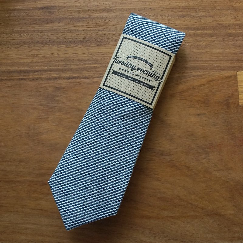 Neck Tie Jean Stripe - เนคไท/ที่หนีบเนคไท - ผ้าฝ้าย/ผ้าลินิน สีน้ำเงิน