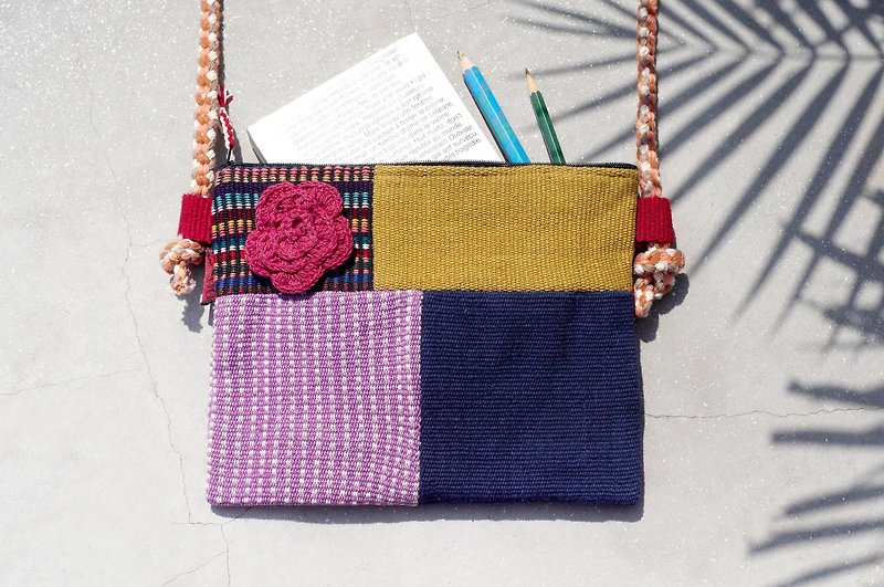 A limited edition hand-woven natural spliced ​​messenger bag / backpack / shoulder bag / bag / bag - fuchsia geometric ethnic patchwork design - Messenger Bags & Sling Bags - Cotton & Hemp Multicolor