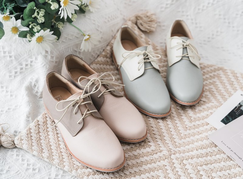 Christmas gift box [Madrid] Two-color fresh stitching Derby shoes_Sakura nude powder | Handmade | - รองเท้าอ็อกฟอร์ดผู้หญิง - หนังแท้ 