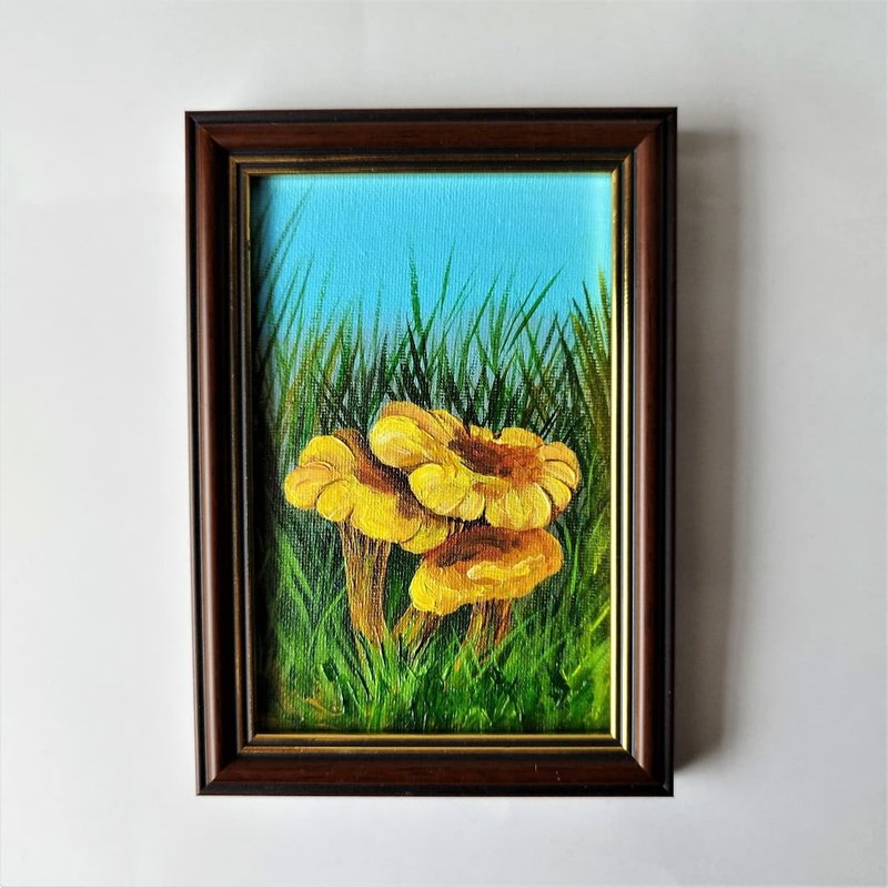 Mushroom small painting original artwork Chanterelle wall decoration impasto art - 壁貼/牆壁裝飾 - 壓克力 多色