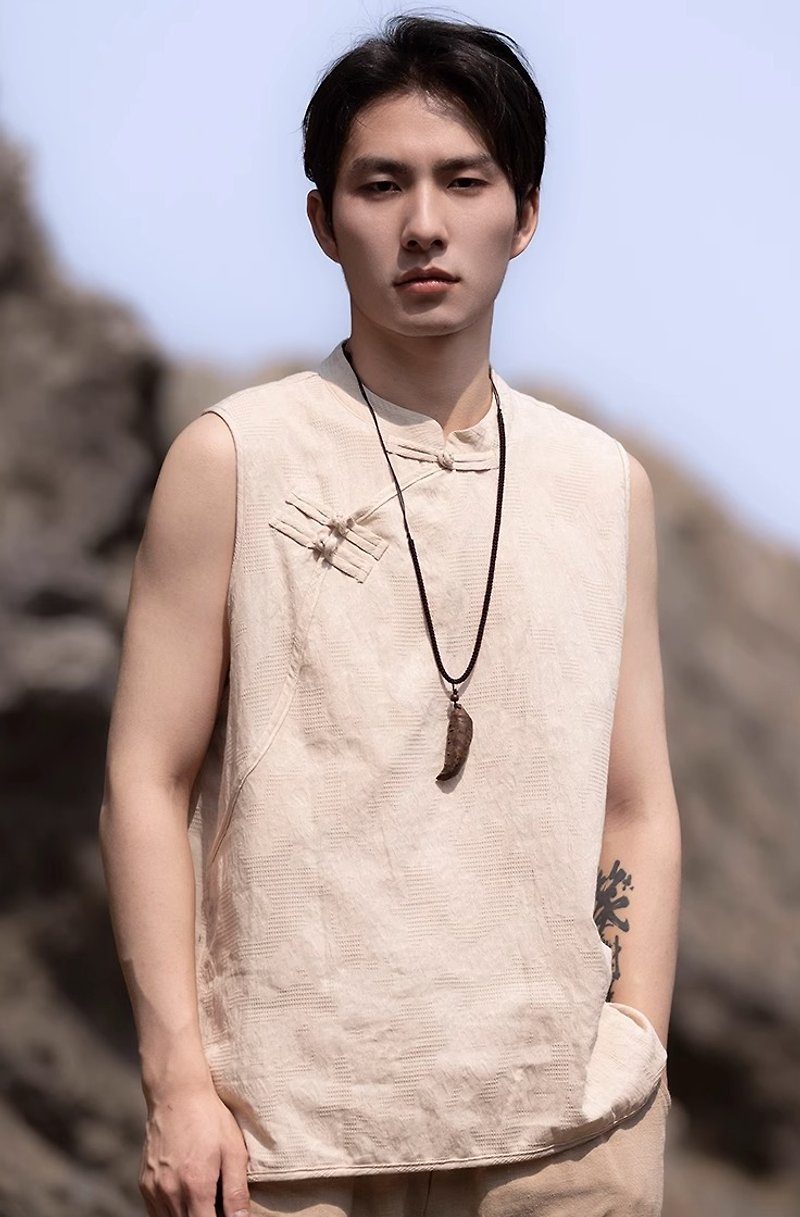 Chinese style retro diagonal placket sleeveless vest - Men's Tank Tops & Vests - Other Materials White