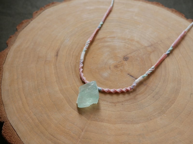 N50/SS24~ Pink quartz l Teal Stone l Wax thread l Hand-woven l Raw mineral necklace - Necklaces - Crystal Green