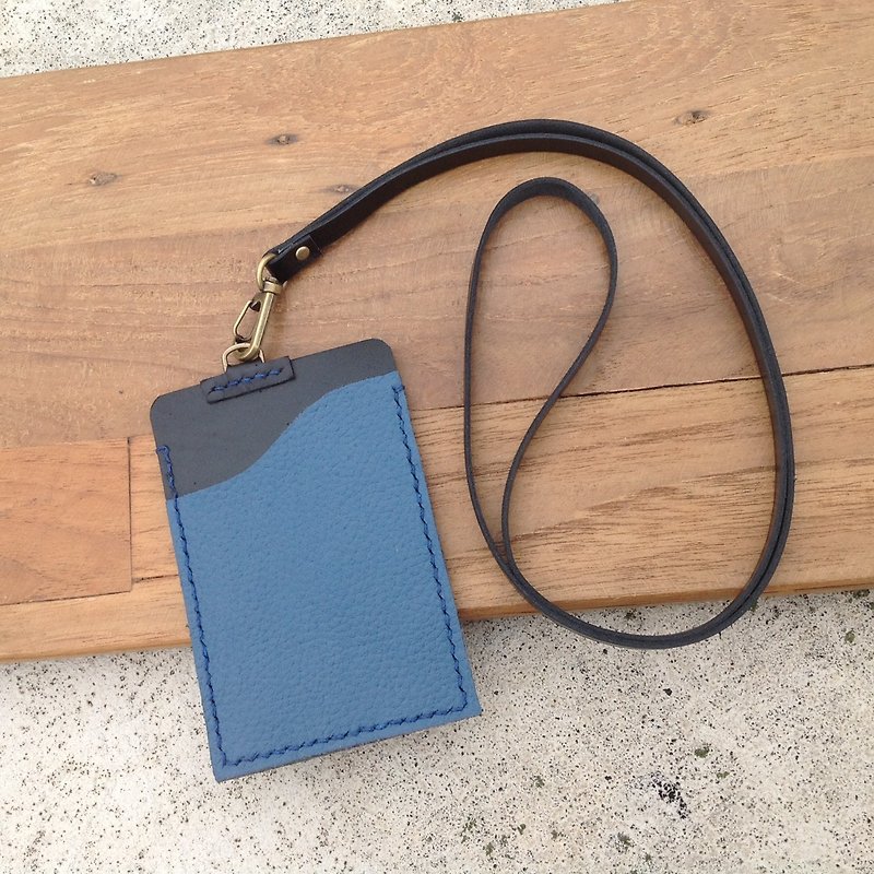Straight identification card holder, leisure card holder, card holder, back hand-sewn leather, leather blue black - ที่ใส่บัตรคล้องคอ - หนังแท้ 