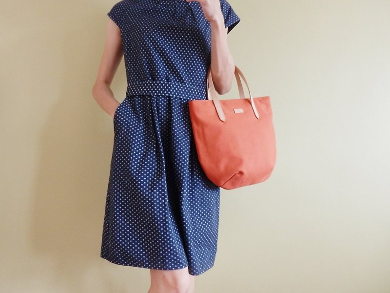 Terracotta Orange Petite Canvas Tote Bag with Leather Strap for her - Casual Bag - 手提包/手提袋 - 棉．麻 橘色