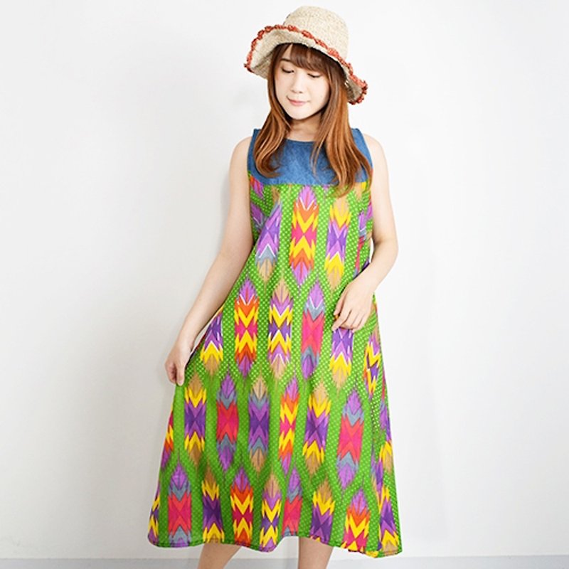 Ethnic pattern denim separate sleeveless dress - One Piece Dresses - Cotton & Hemp Green