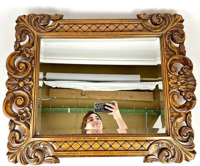 アンティーク 壁飾り鏡 木彫り額縁 【メーカー包装済】 - 鏡