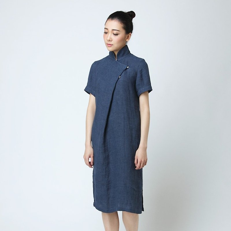 不服 洗水皺麻改良旗袍 洋装 拼色領子設計  灰藍  D160303 - 旗袍 - 棉．麻 藍色