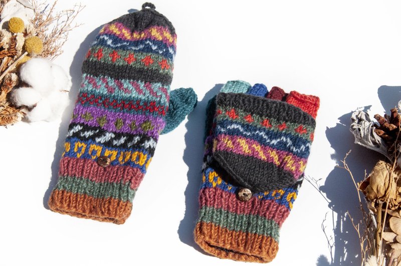 手織純羊毛針織手套/可拆卸保暖手套/內刷毛手套/觸控手套-北歐 - 手套 - 羊毛 多色