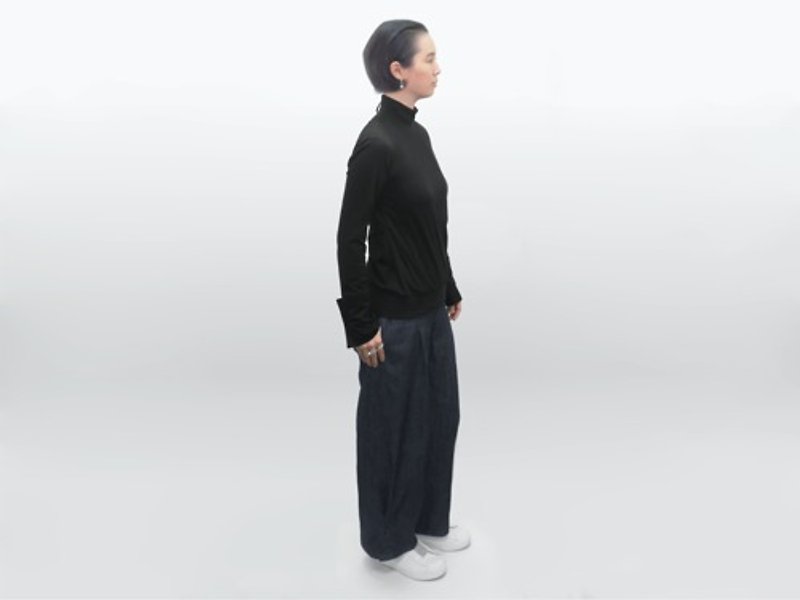 Stretch Indigo denim/soft tapered/wide pants - Women's Pants - Cotton & Hemp Blue