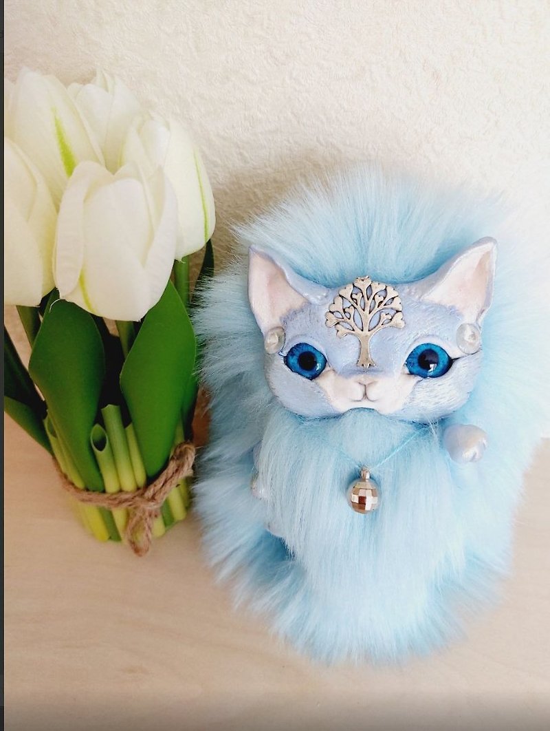 Lucky cat Fur cat Polymer cat Soft cat Cat souvenir Cat soft toy - Stuffed Dolls & Figurines - Wool Blue