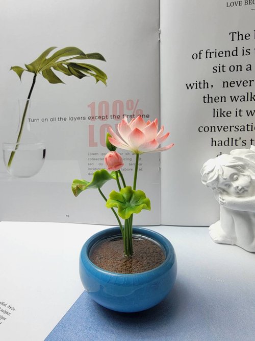 冷製磁器粘土/粘土フラワーアート-蓮の小さな鉢植え/ギフト