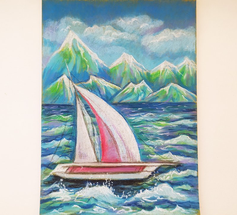 White sailboat at sea oil pastel original work animal original painting art - 壁貼/牆壁裝飾 - 其他材質 藍色