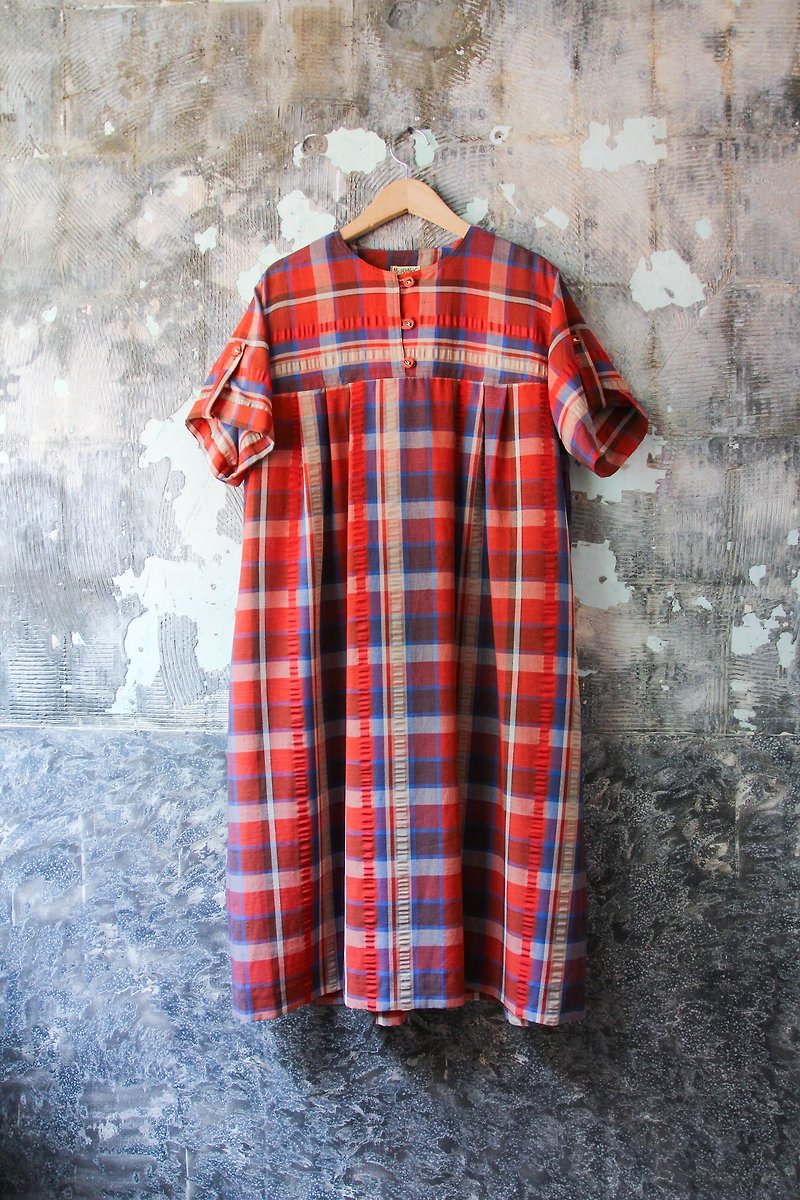 Vintage red plaid loose short-sleeved dress - One Piece Dresses - Polyester 