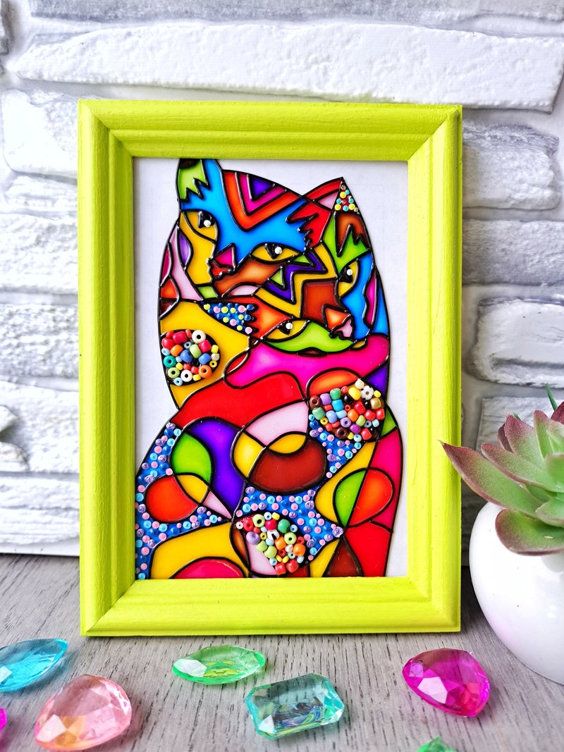 Yellow Stained Glass original painting Multicolored cats 13x18 cm Kids room art - Wall Décor - Glass Yellow