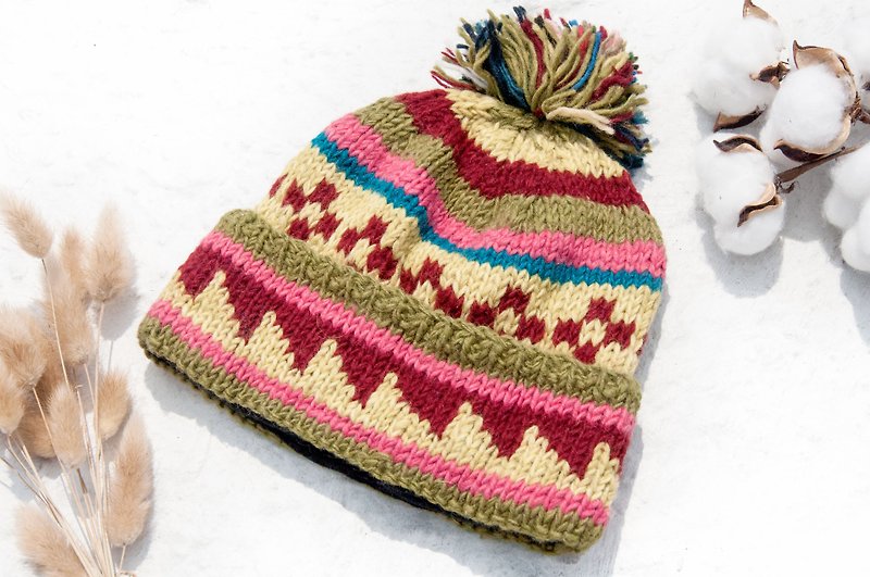 Hand-knitted pure wool hat/knitted woolen hat/inner brushed hand-knitted woolen hat/hand-knitted woolen hat-Peruvian style - Hats & Caps - Wool Multicolor