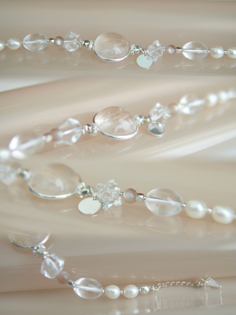 White Tourmaline + White Crystal + Sunstone + Freshwater Pearl + S925 Silver Bracelet - Bracelets - Crystal 