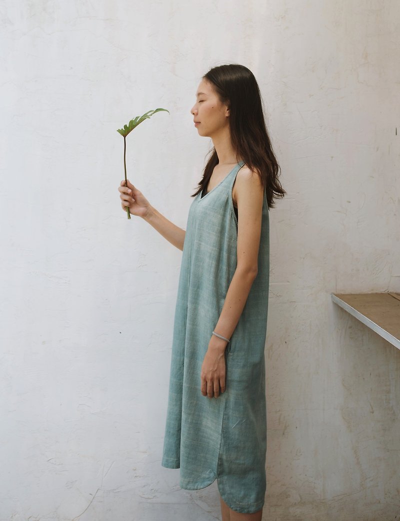 Another v collar dress | Handwoven indigo dyed cotton | - One Piece Dresses - Paper Blue