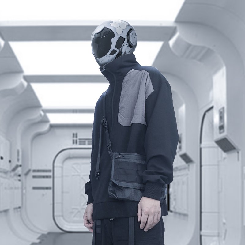 高領衛衣 男拼接撞色國潮街頭OVERISZE寬松基礎款打底衫 - 帽T/大學T - 聚酯纖維 黑色