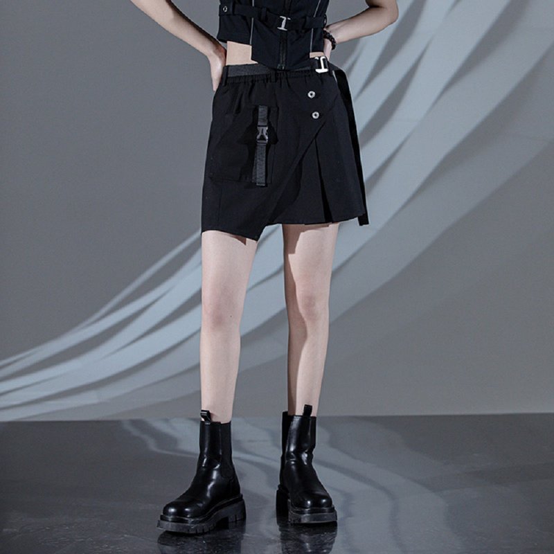 Asymmetric Functional Skirt High Waist Workwear Short Skirt - กระโปรง - วัสดุอื่นๆ สีดำ