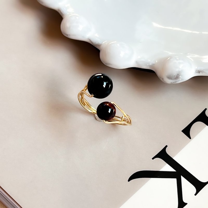 K14gf Onix & Tiger Eye Fork Ring【gift box】 - 戒指 - 貴金屬 黑色