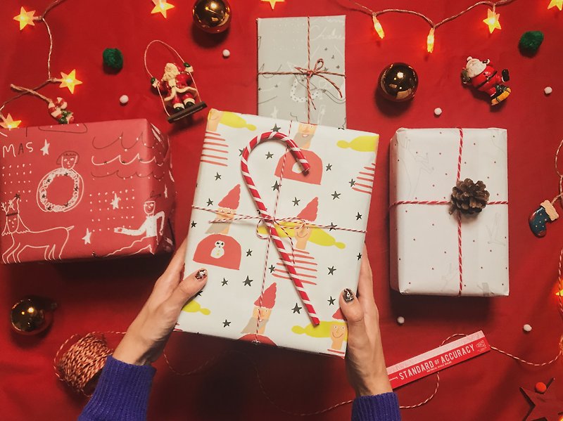 紙 禮物盒/包裝盒 紅色 - 聖誕包裝紙組 4款各1