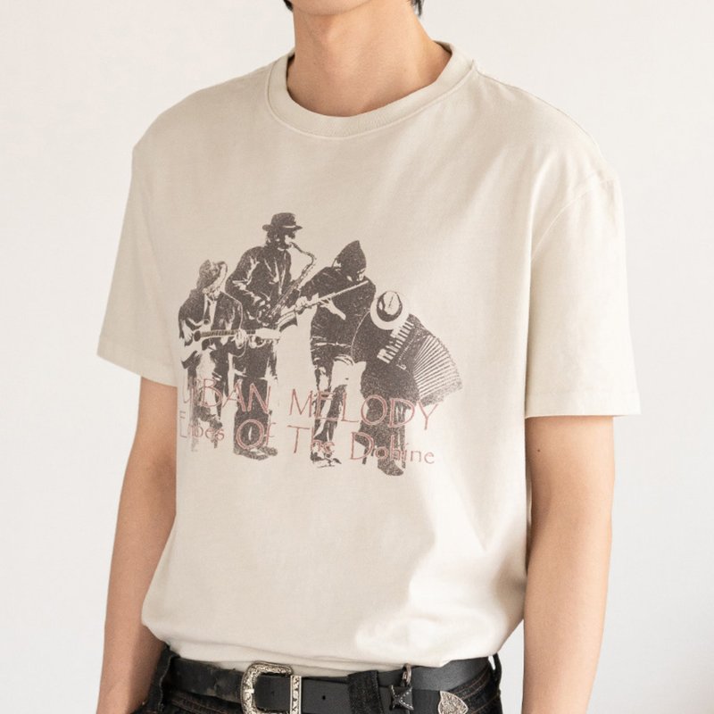 【柏林藍調】都市復古/純棉做舊剪影印花T恤短袖 - 男 T 恤 - 棉．麻 白色