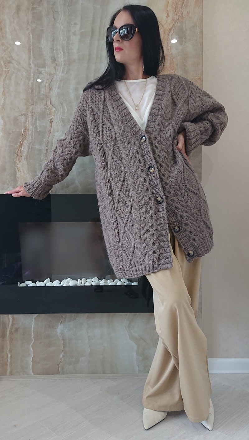 Alpaca wool sweater jacket Twist cardigan Long loose cardigan Hand knit coat - 女毛衣/針織衫 - 羊毛 