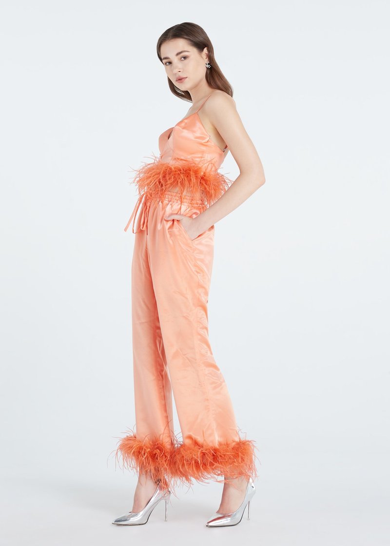 Monic  Orange feathers boas crop top and feathers boas pants for cocktail party - 睡衣/居家服 - 聚酯纖維 橘色