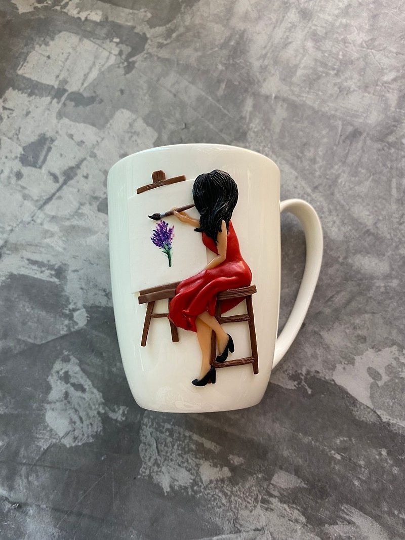 Tea cup and saucer set Artist's palette Coffee mug and plate Handmade Porcelain - เซรามิก - แก้ว ขาว